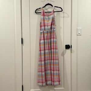 Nordstrom Pink Blue Plaid Linen Sleeveless Tie Back MIDI Dress, size XS
